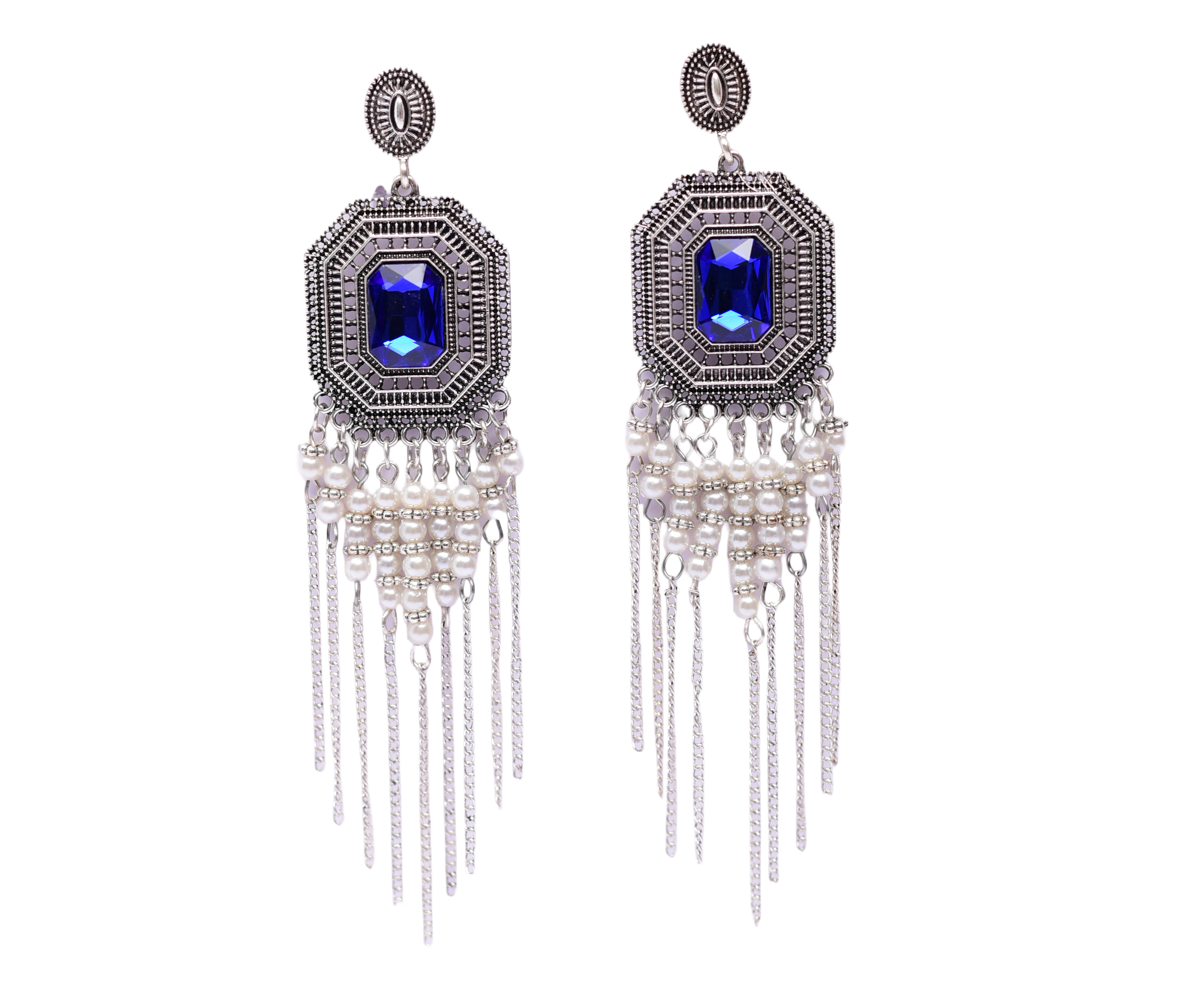 Namokriti Boho Elegance: Handcrafted Oxidized Silver Earrings with Stunning Blue Stone & Beaded Chain Dangles